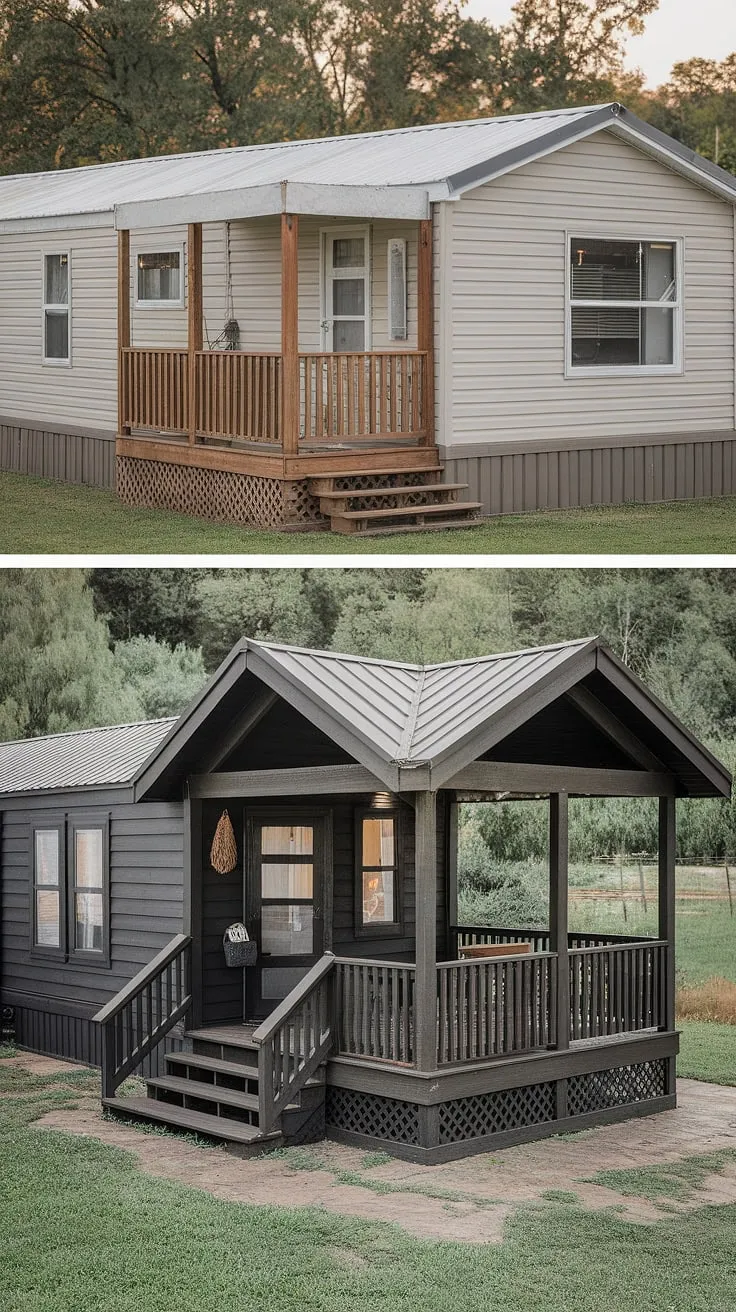 From drab beige to dramatic black: This before-and-after showcases a stunning mobile home exterior remodel.  The small porch of this double wide was transformed into a spacious, inviting area, proving that even a manufactured home can boast beautiful mobile home interior design and sophisticated manufactured home outdoor ideas. This black prefab home now features a gorgeous double wide porch, perfect for relaxing.  The doublewide porch patio ideas were expertly executed, creating a seamless transition from the home's new exterior to the lush landscape.  This modular home with front porch is a testament to the potential of a double wide trailer interior remodel and the impact of a mobile home exterior front porch.
