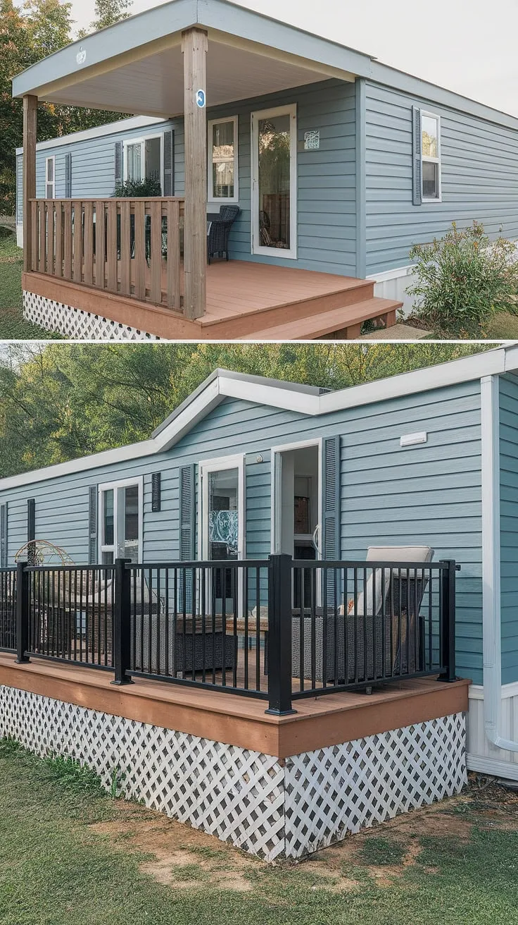 This before-and-after of a mobile home exterior remodel is a stunning example of how a little creativity can go a long way.  The transformation of the double-wide porch, from simple wooden structure to a modern composite deck with a sleek metal railing, is breathtaking.  The fresh blue paint complements the new outdoor furniture perfectly, offering a wealth of inspiration for manufactured home outdoor ideas and doublewide porch patio ideas.  This modular home with front porch now boasts curb appeal that rivals any custom-built home, proving that even black prefab homes can be stylish and sophisticated.  The project focuses on the mobile home exterior front porch and exterior remodel, leaving the double wide trailer interior remodel and beautiful mobile home interior design for another day.