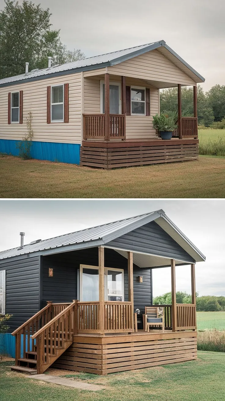 From drab beige to dramatic black: This before-and-after showcases a stunning mobile home exterior remodel.  The addition of a spacious double-wide porch, complete with a metal roof and wooden staircase, transforms this modular home into a stylish retreat.  This black prefab home now boasts enviable curb appeal, proving that beautiful mobile home interior design can extend to the exterior.  Explore manufactured home outdoor ideas and doublewide porch patio ideas for your own transformation.  The double wide trailer interior remodel (not shown) is equally impressive!