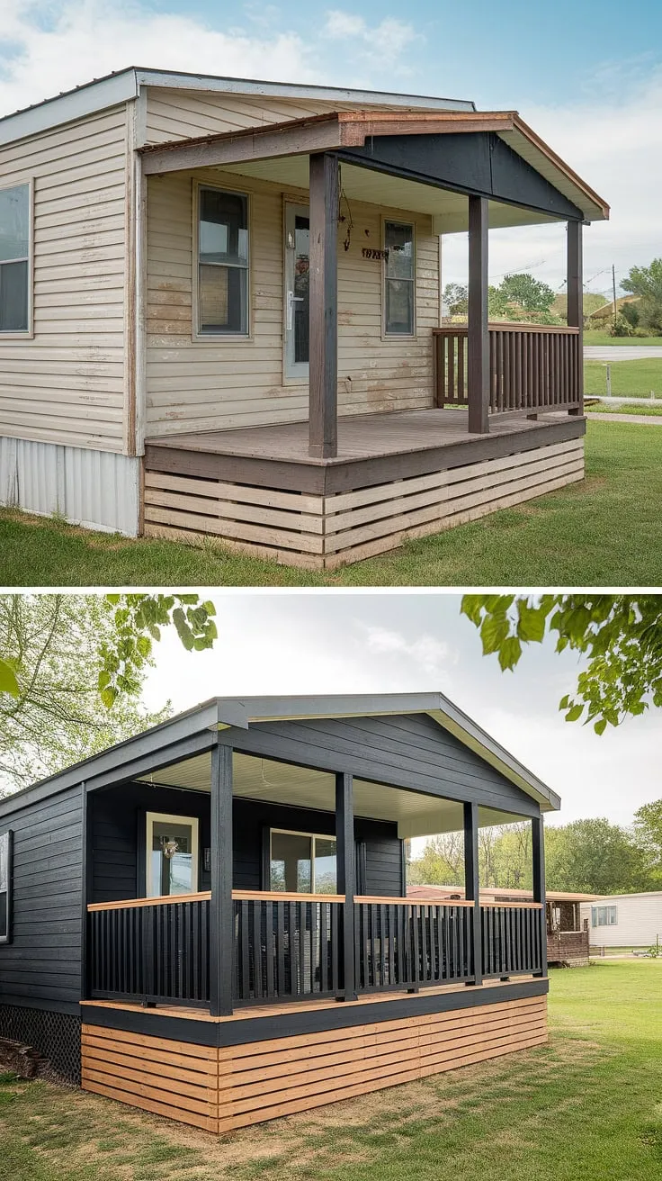 From drab beige to dramatic black: This mobile home exterior remodel showcases the transformative power of a double-wide porch.  The before and after modular home reveal is stunning, highlighting the impact of black prefab homes and smart manufactured home outdoor ideas.  This modular home with front porch boasts beautiful mobile home interior design (though unseen here!), and the doublewide porch patio ideas are perfect for relaxing.  The double wide trailer interior remodel (not pictured) surely complements this exterior upgrade.