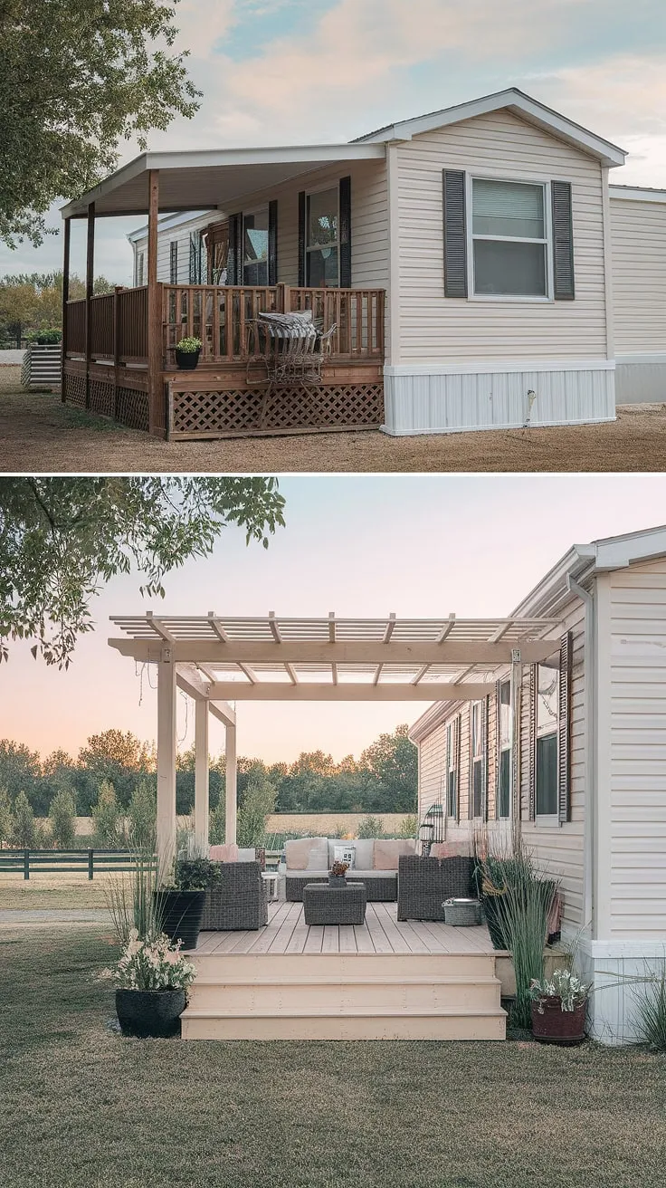 This breathtaking before and after of a modular home reveals the magic of a mobile home exterior remodel.  A simple double wide porch is replaced with a spacious, wood-decked haven, showcasing the possibilities of doublewide porch patio ideas.  The light paint and serene landscape perfectly complement the newly designed mobile home exterior front porch.  This manufactured home outdoor ideas project proves that even black prefab homes can achieve beautiful mobile home interior design.  The transformation is a testament to the potential of a double wide porch and a stunning example of a double wide trailer interior remodel.