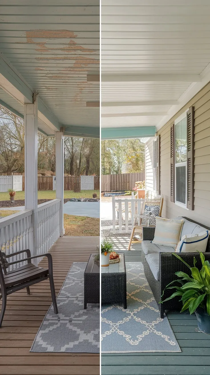 From drab to fab! This before-and-after showcases the stunning transformation of a double-wide porch, proving that even a mobile home exterior remodel can create a magazine-worthy space.  This modular home with front porch now boasts beautiful mobile home interior design, thanks to clever manufactured home outdoor ideas.  The double-wide trailer interior remodel extends to the exterior, showcasing doublewide porch patio ideas that perfectly complement the black prefab homes aesthetic.  The result? A welcoming and stylish retreat.