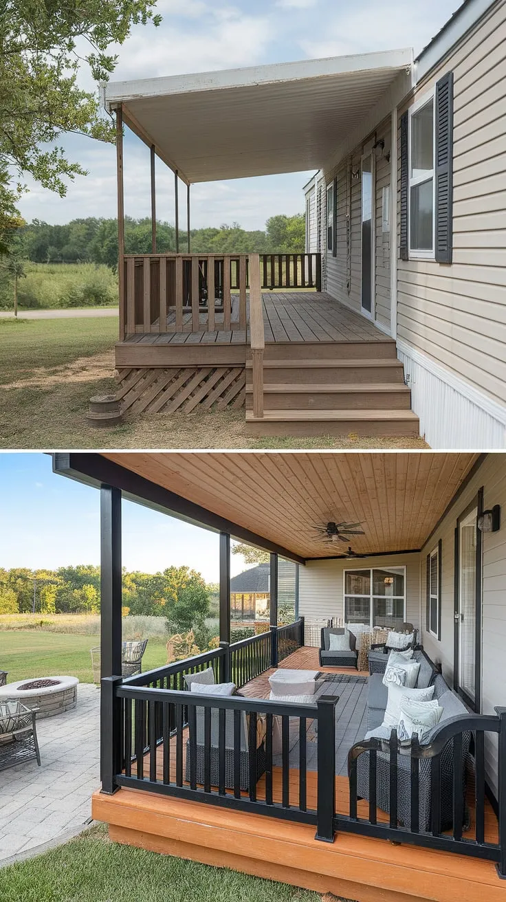 From worn-out porch to outdoor oasis! This mobile home exterior remodel transformed a simple double-wide porch into a stunning space, showcasing the potential of manufactured home outdoor ideas.  The before and after modular home reveal is a testament to the power of design, featuring a beautiful mobile home interior design aesthetic extended to the exterior.  This double-wide trailer interior remodel inspiration extends to the new black prefab homes style deck, complete with comfortable seating and a cozy fire pit patio area.  The doublewide porch patio ideas are perfect for relaxing and entertaining.