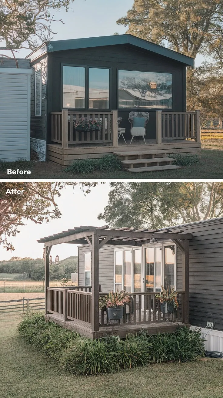 From a simple porch to a stunning outdoor oasis! This before-and-after modular home transformation showcases the incredible potential of a mobile home exterior remodel.  The black prefab home now boasts a spacious double wide porch, complete with a pergola, creating the perfect blend of modern design and comfortable living.  This double wide porch, a testament to creative manufactured home outdoor ideas, perfectly complements the beautiful mobile home interior design (though unseen, we can only imagine!).  The doublewide porch patio ideas are simply inspiring.  This project proves that even a double wide trailer interior remodel can lead to a breathtaking exterior upgrade.