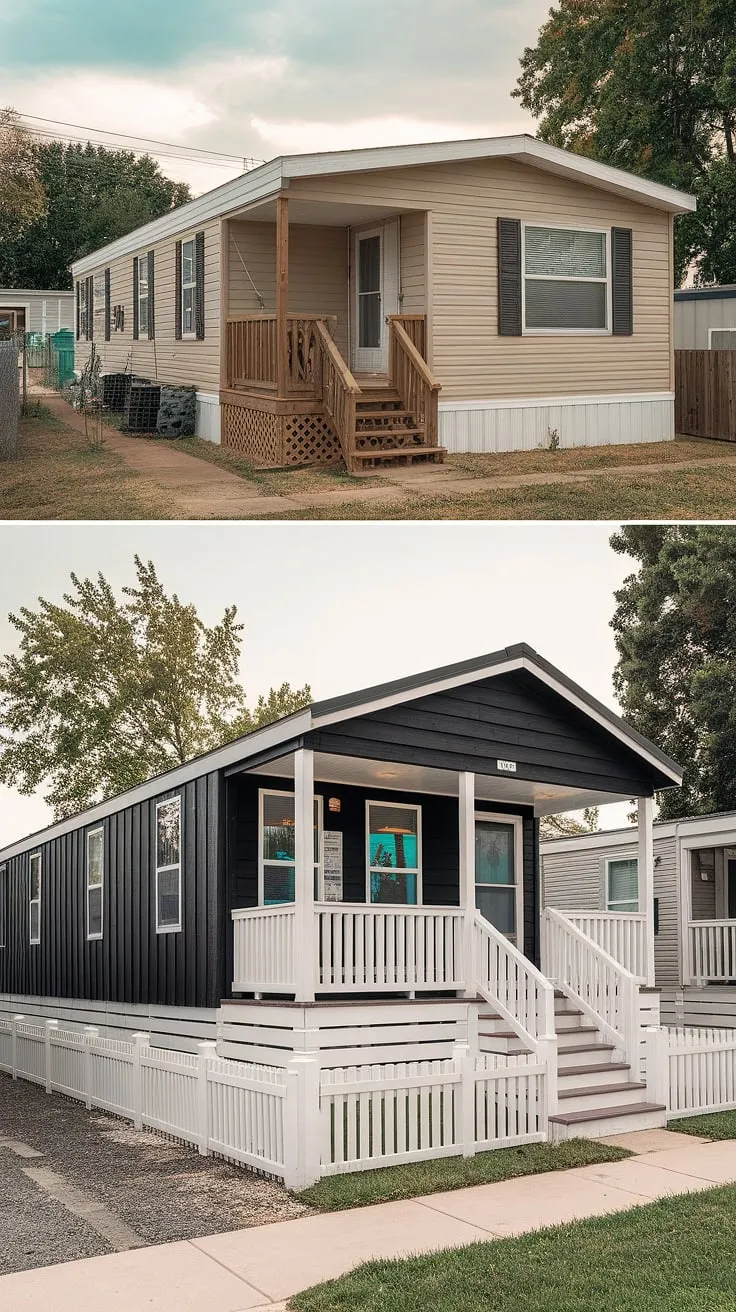 This incredible mobile home exterior remodel is a true inspiration!  See how a simple double wide transformed into a sophisticated black prefab home.  The addition of a spacious mobile home exterior front porch dramatically changes the overall aesthetic, showcasing the possibilities of manufactured home outdoor ideas.  The before and after modular home photos highlight the impact of thoughtful design.  While the double wide trailer interior remodel remains a mystery, we can only dream of the beautiful mobile home interior design inside.  This project is a masterclass in double wide porch design and offers plenty of doublewide porch patio ideas for your own home renovation.