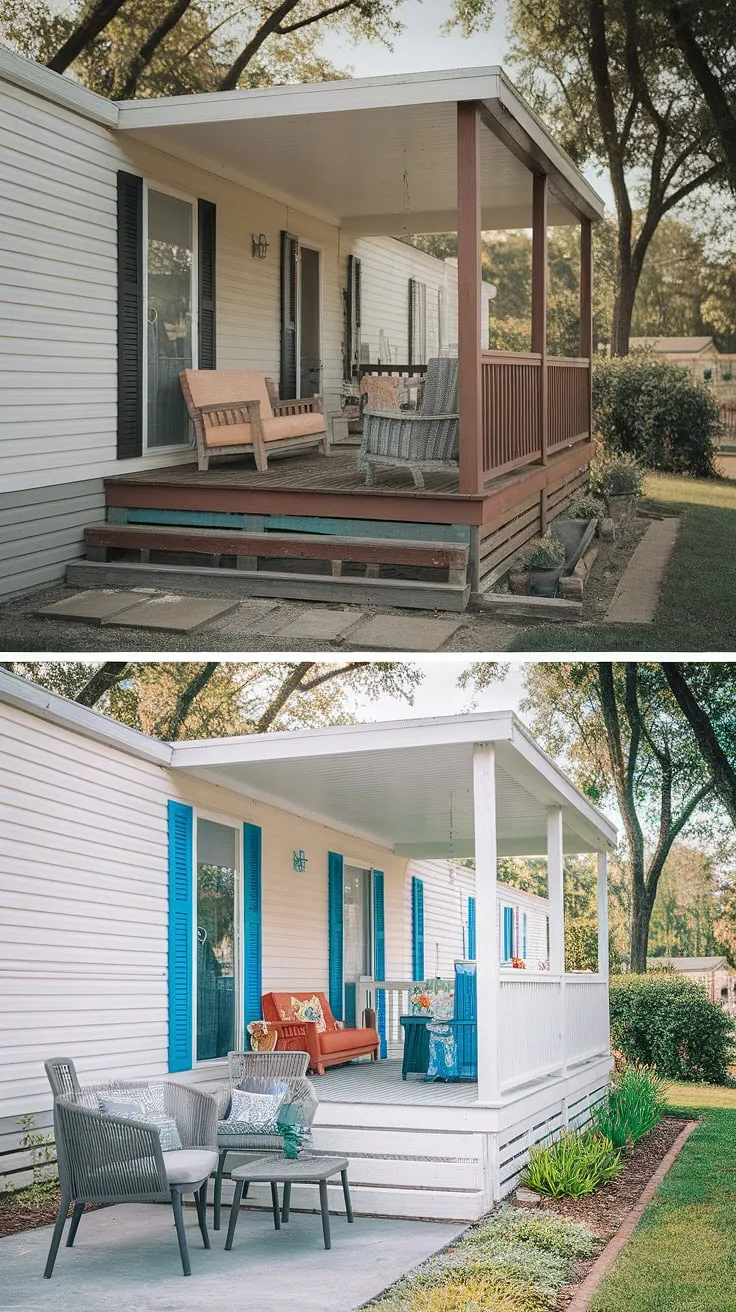 From drab to fab! This mobile home exterior remodel transformed a dull double wide porch into a stunning outdoor oasis.  The before and after showcases the power of a little paint and new furniture, creating a welcoming space perfect for relaxation. This modular home with front porch now boasts beautiful mobile home interior design elements extending to the exterior, proving that even black prefab homes can achieve curb appeal.  This double wide trailer interior remodel inspiration extends to the exterior, showcasing doublewide porch patio ideas and manufactured home outdoor ideas that elevate the entire living experience.