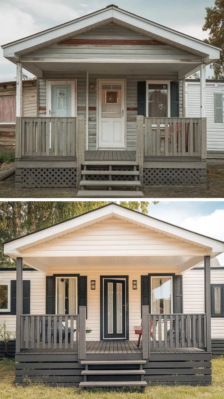 From drab to fab! This before and after showcases the transformative power of a mobile home exterior remodel.  A worn-out double wide porch was replaced with a stunning, spacious addition, perfectly complementing the black prefab home's design. This modular home with front porch now boasts beautiful mobile home interior design potential, and the double wide trailer interior remodel is sure to be just as impressive.  The doublewide porch patio ideas are endless, and this manufactured home outdoor ideas project is a testament to the possibilities of upgrading your space.
