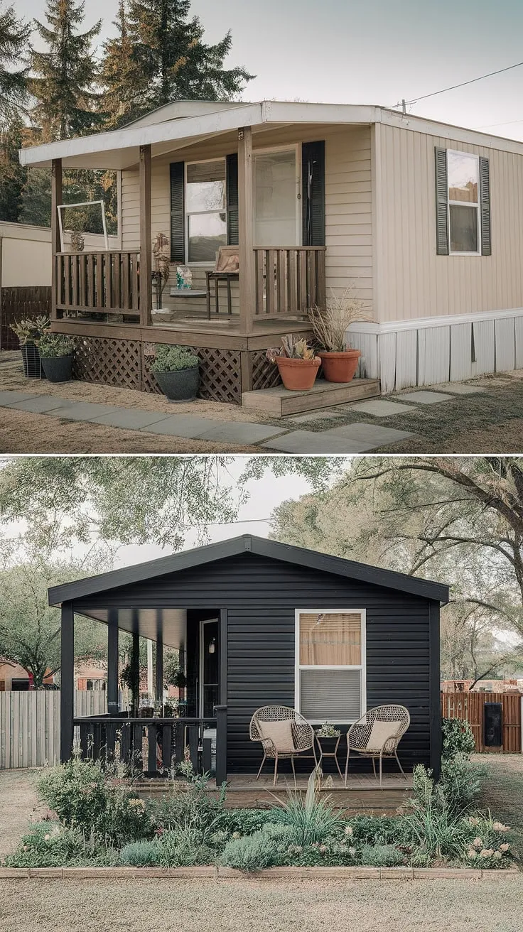 From beige to breathtaking! This before-and-after showcases a stunning mobile home exterior remodel, transforming a double-wide into a chic black prefab home.  The addition of a spacious double-wide porch, complete with charming patio ideas, and a lush garden elevates the exterior.  This modular home with front porch is a testament to the power of design, proving that beautiful mobile home interior design can extend to the outdoors.  The double wide trailer interior remodel (not pictured) is sure to be equally impressive!