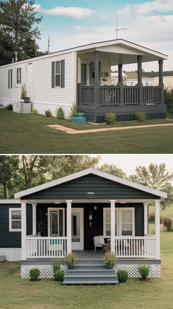 From drab to fab! This before-and-after showcases a stunning mobile home exterior remodel, transforming a simple white double-wide into a sophisticated black prefab home.  The addition of a large double-wide porch, complete with white columns and stylish outdoor furniture, elevates the curb appeal. This modular home with front porch is a testament to the power of design, offering inspiration for manufactured home outdoor ideas and doublewide porch patio ideas.  The beautiful mobile home interior design (though not pictured) is sure to match the exterior's dramatic upgrade.  This before and after modular home transformation proves that even a double wide trailer interior remodel can lead to breathtaking results.