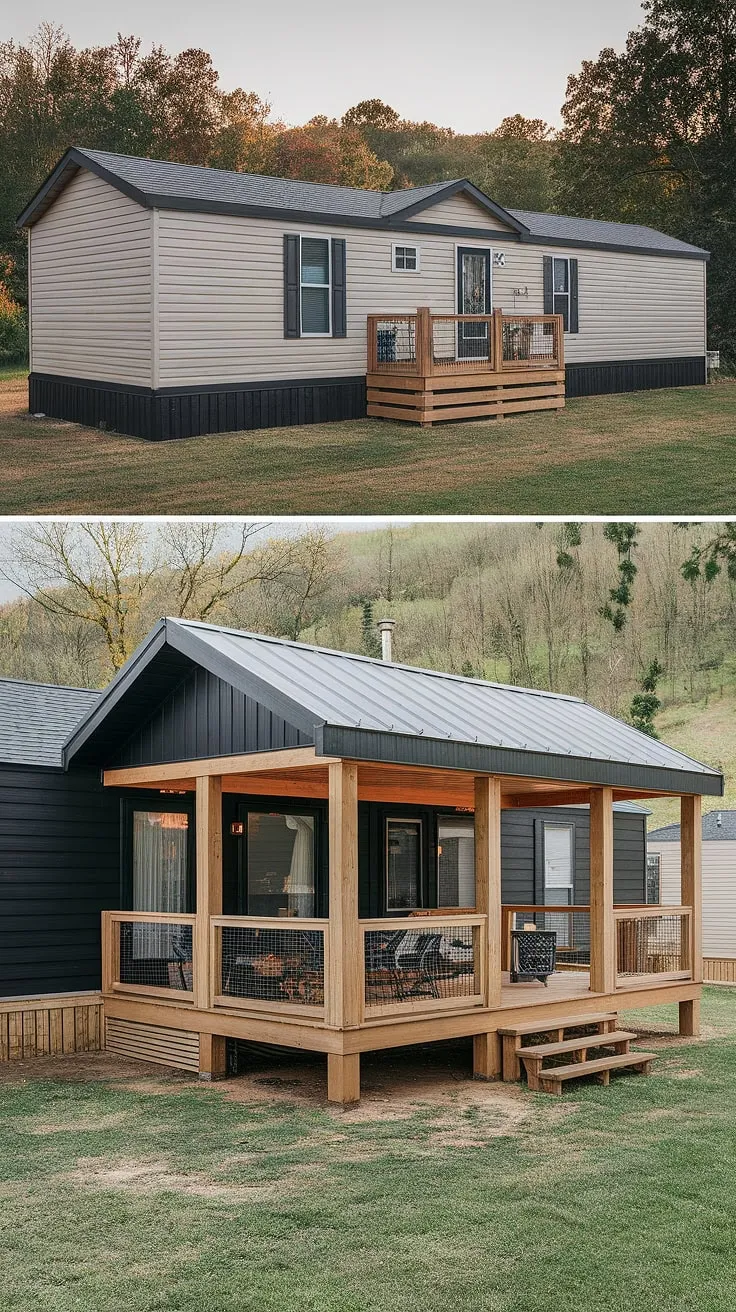 From drab beige to dramatic black: This before-and-after showcases a stunning mobile home exterior remodel, transforming a modest dwelling into a showstopper.  The addition of a spacious double-wide porch, complete with a metal roof and substantial wooden columns, elevates the curb appeal. This modular home with front porch is a testament to the possibilities of manufactured home outdoor ideas, proving that even black prefab homes can exude warmth and style.  The doublewide porch patio ideas are endless, and the beautiful mobile home interior design (though unseen) is sure to match the exterior's sophisticated upgrade.  This project is a perfect example of how a double wide trailer interior remodel can inspire a complete home transformation.