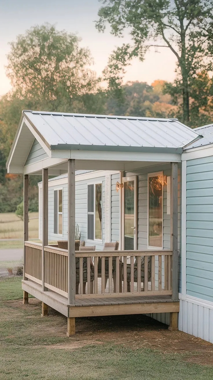 From drab to fab! This before-and-after showcases the stunning transformation of a double wide porch mobile home exterior remodel.  The small, basic porch is replaced with a spacious, inviting covered area, proving that even black prefab homes can achieve beautiful mobile home interior design. This modular home with front porch now boasts ample space for relaxation, thanks to clever manufactured home outdoor ideas and doublewide porch patio ideas.  The double wide trailer interior remodel (not shown) is sure to be equally impressive.