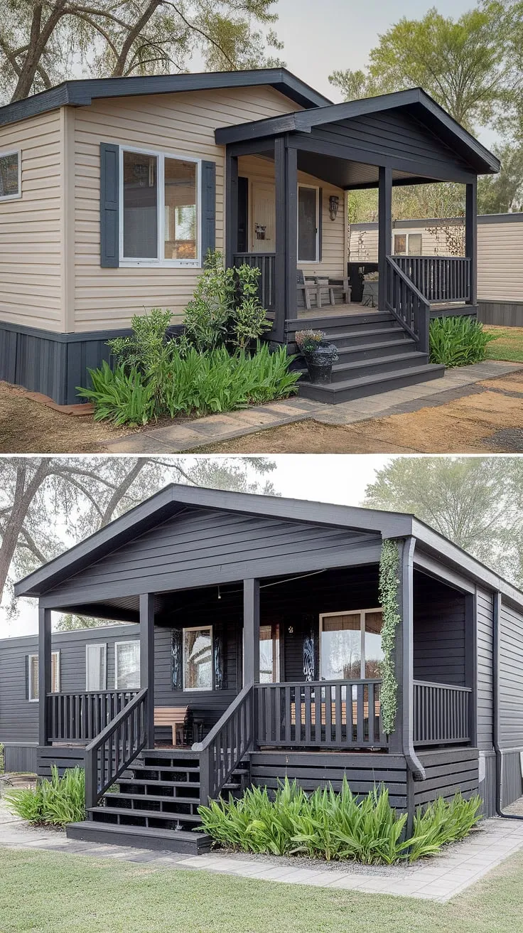 From drab beige to dramatic black: This before and after showcases a stunning mobile home exterior remodel.  The transformation includes a spacious double-wide porch, creating the perfect outdoor living space, complete with patio and bench. This modular home with front porch is a testament to the possibilities of manufactured home outdoor ideas, proving that even a double-wide trailer interior remodel can inspire a beautiful mobile home interior design.  The black prefab homes aesthetic is perfectly complemented by the doublewide porch patio ideas.