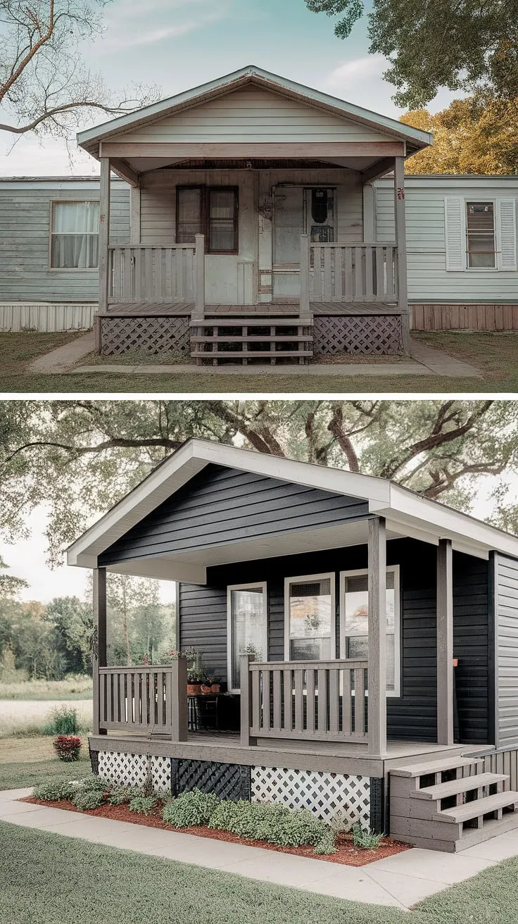 This before and after modular home transformation is breathtaking!  See how a simple double wide porch upgrade, coupled with black prefab homes siding, completely revitalizes this mobile home exterior remodel.  The result is a stylish and inviting space, showcasing the possibilities of manufactured home outdoor ideas and proving that even a double wide can boast a beautiful mobile home interior design.  Get inspired by this mobile home exterior front porch and explore your own doublewide porch patio ideas.