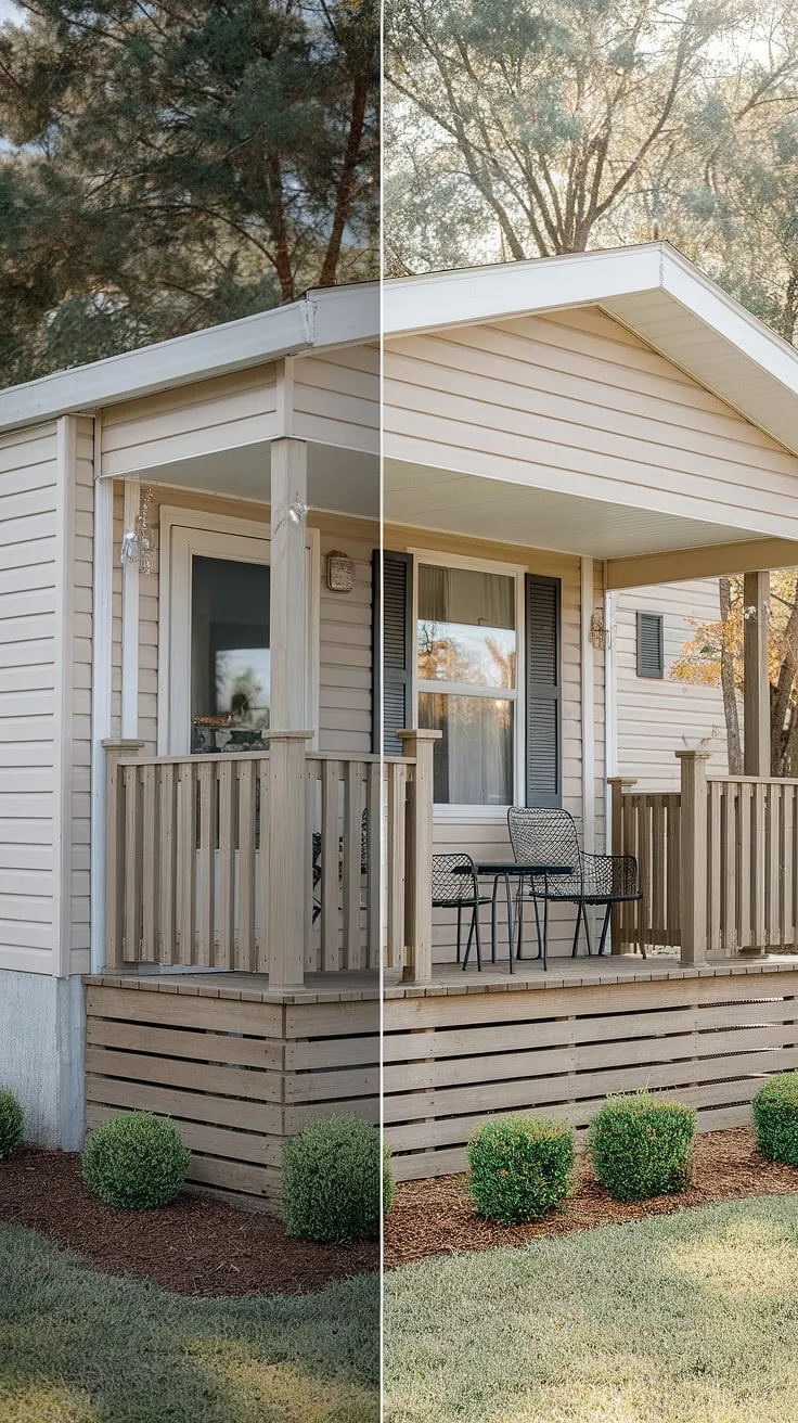 Transforming a mobile home into a dream home starts with the right outdoor space. This before and after of a double wide trailer interior remodel highlights the impact of a simple yet stunning double-wide porch.  The expanded mobile home exterior front porch, a key element of this modular home with front porch makeover, showcases the potential of manufactured home outdoor ideas.  The result? A beautiful mobile home interior design is complemented by a welcoming exterior, proving that even black prefab homes can be stylish and inviting.  Explore doublewide porch patio ideas for your own mobile home exterior remodel.