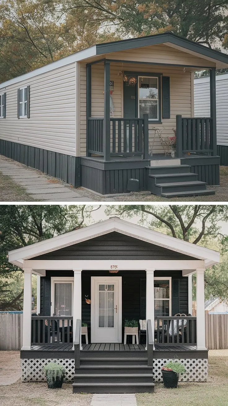 This mobile home exterior remodel is a true masterpiece!  See how we transformed a simple beige double-wide into a stylish black prefab home with a show-stopping double-wide porch.  The added mobile home exterior front porch, complete with white columns and black railing, provides ample space for relaxation and entertaining.  This project is brimming with doublewide porch patio ideas and showcases the potential of manufactured home outdoor ideas.  While the double wide trailer interior remodel is unseen, we can only imagine the beautiful mobile home interior design that complements this exterior upgrade.  This before and after modular home is proof that anything is possible!