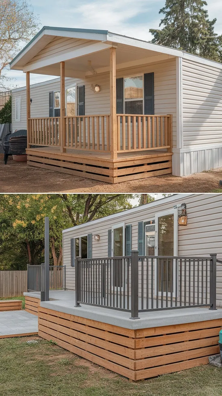 From drab to fab! This before-and-after showcases a stunning mobile home exterior remodel, transforming a simple wooden porch into a spacious concrete patio.  The upgrade includes a modern metal railing, outdoor lighting, and a completely refreshed look, proving that even double wide homes can boast beautiful mobile home interior design and impressive manufactured home outdoor ideas. This double wide porch and patio project is a testament to the potential of modular home with front porch designs, even for black prefab homes.  The double wide trailer interior remodel (though not shown) is sure to complement this exterior transformation.  This is a prime example of doublewide porch patio ideas.