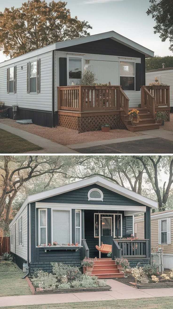 This stunning mobile home exterior remodel is a true inspiration.  See the incredible transformation of this double-wide, from a modest home with a small front porch to a showstopper with a large, inviting double-wide porch, perfect for relaxing. The black prefab homes aesthetic is perfectly complemented by the white trim and updated windows.  This before and after modular home proves that beautiful mobile home interior design starts with the curb appeal.  Explore the possibilities of manufactured home outdoor ideas and doublewide porch patio ideas with this breathtaking example of a modular home with front porch.  The attention to detail, even in the double wide trailer interior remodel (not shown), is truly remarkable.