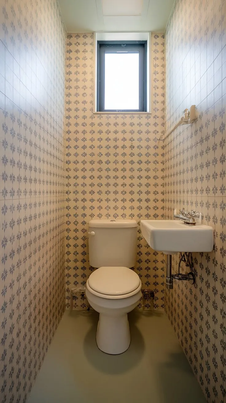 This small downstairs toilet, a perfectly formed powder room, boasts charming patterned tiles and a light gray floor. The compact space proves that even a small half bathroom can be stylish and functional, offering great small powder bathroom ideas for maximizing space. Clever wc decoration choices elevate this tiny retreat.