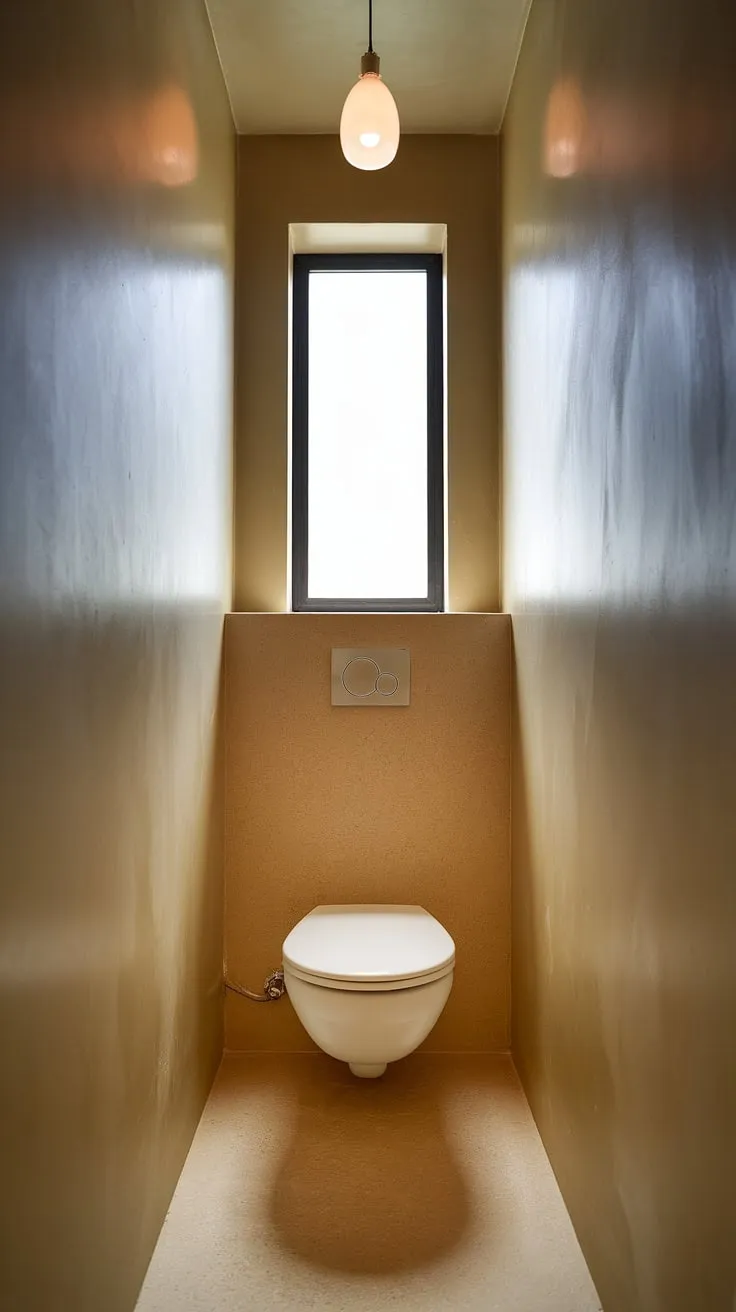 A charming small bathroom, this downstairs toilet offers a glimpse into the possibilities of small powder room design. The neutral beige palette and simple fixtures create a serene space, while the strategically placed light fixture brightens the small powder bathroom. This small half bathroom is a perfect example of small powder room ideas, demonstrating that even a compact wc decoration can be stylish and functional. The addition of a small window above the toilet adds a touch of elegance to this small downstairs toilet.