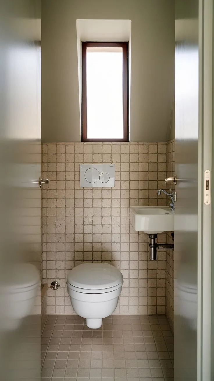 Soft light illuminates this serene small powder room, showcasing clever design ideas for a small half bathroom. The white toilet and sink, paired with beige tile flooring and a subtle window, create a calming atmosphere in this small downstairs toilet. Perfect inspiration for small powder bathroom ideas or even a small downstairs toilet makeover.
