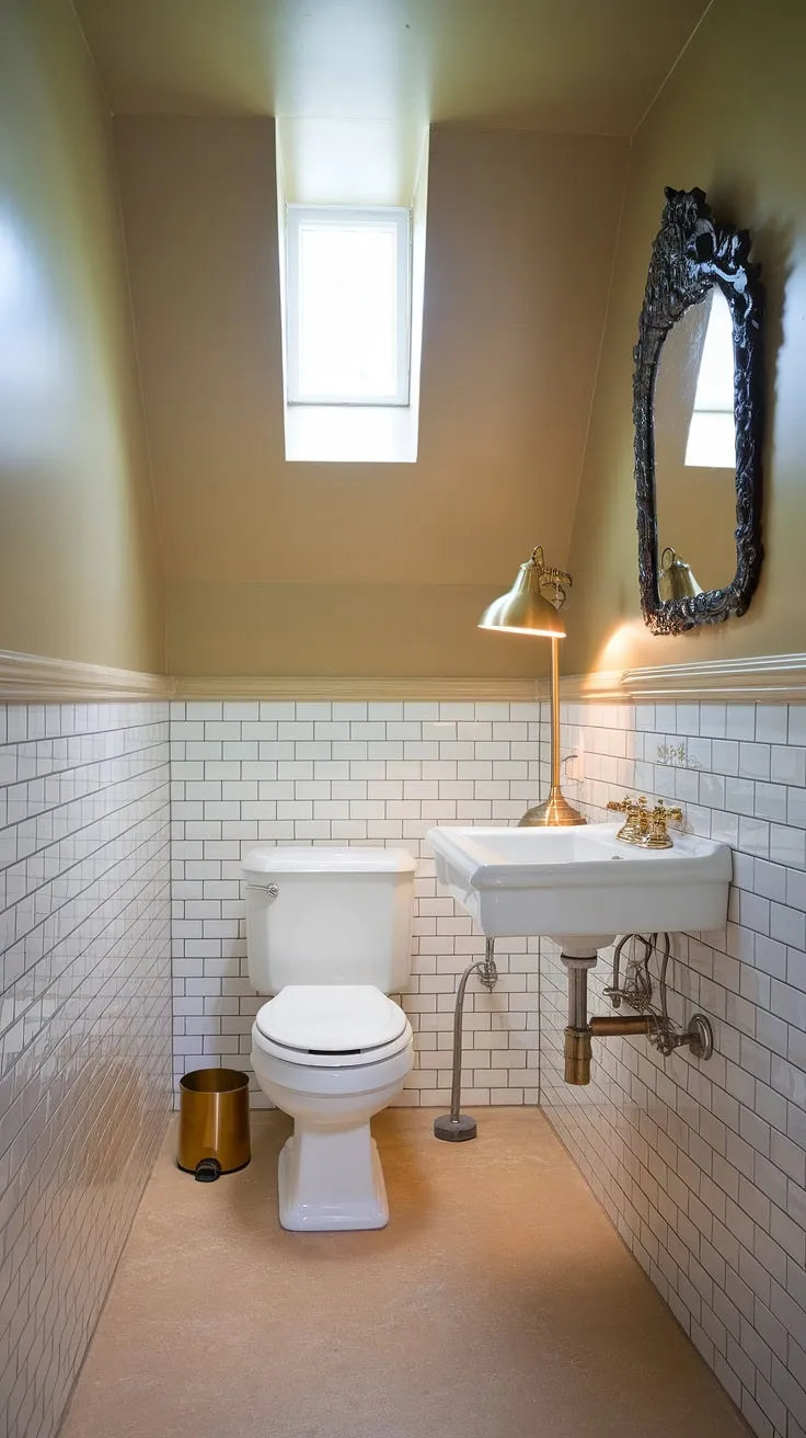 Maximize space and style in your home with this small downstairs toilet design. This small powder room proves that even a small half bathroom can be luxurious. Note the clever use of gold accents and a decorative mirror to enhance the feel of this small powder bathroom, offering practical small downstairs toilet ideas. The beige tile and subtle wall pattern create a calming ambiance. This wc decoration is a testament to efficient and stylish design.