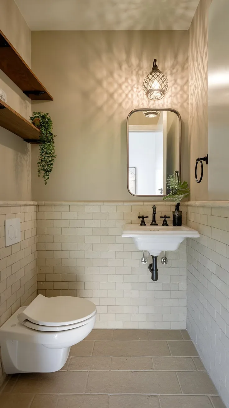 This small powder room, perfect for a downstairs toilet, boasts a space-saving design with a wall-mounted sink and white toilet. Beige tiles and walls create a calming atmosphere, while a small plant and wooden shelf add personality. This small half bathroom showcases clever small powder bathroom ideas for maximizing functionality in a compact space. The decorative light fixture completes the wc decoration.