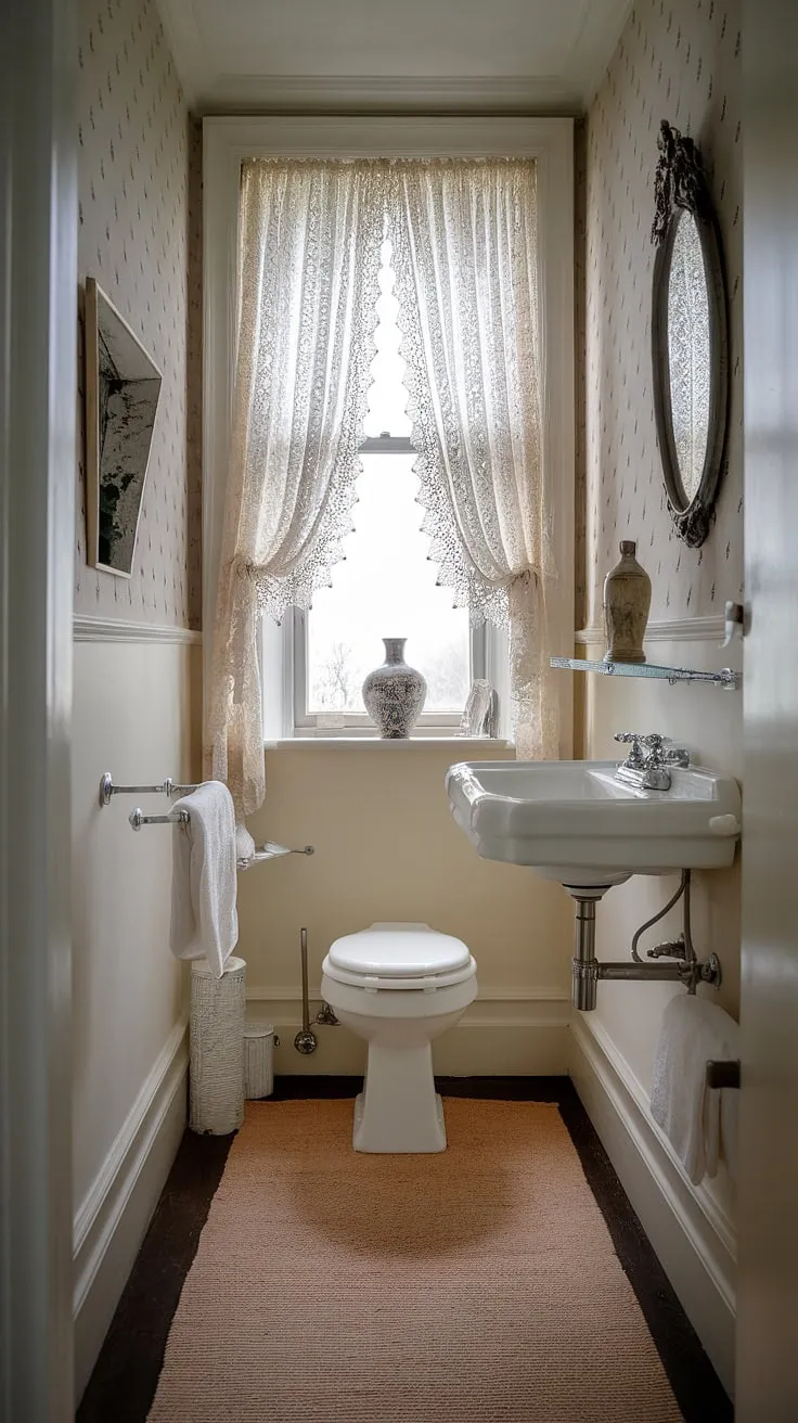 This charming small downstairs toilet, also known as a powder room or half bathroom, proves that even the smallest spaces can be stylish. The white fixtures, beige rug, and vintage mirror create a serene atmosphere, offering inspiration for small powder bathroom ideas and small half bathroom designs. The lace-curtained window adds a touch of elegance to this efficient wc decoration. This small powder room showcases how to maximize space and charm in a small downstairs toilet.