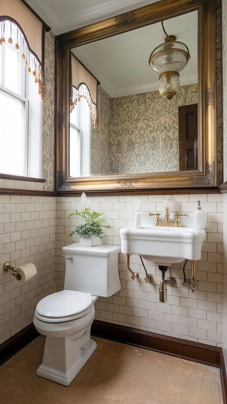 Maximize space and style in your small bathroom with this small powder room design. A downstairs toilet is seamlessly integrated into this compact space, showcasing clever small powder bathroom ideas. The white fixtures, brass accents, and gold-framed mirror create a luxurious feel. A touch of greenery and a vintage light fixture add warmth. This small half bathroom, or small downstairs toilet, is a perfect example of elegant wc decoration in a limited area.