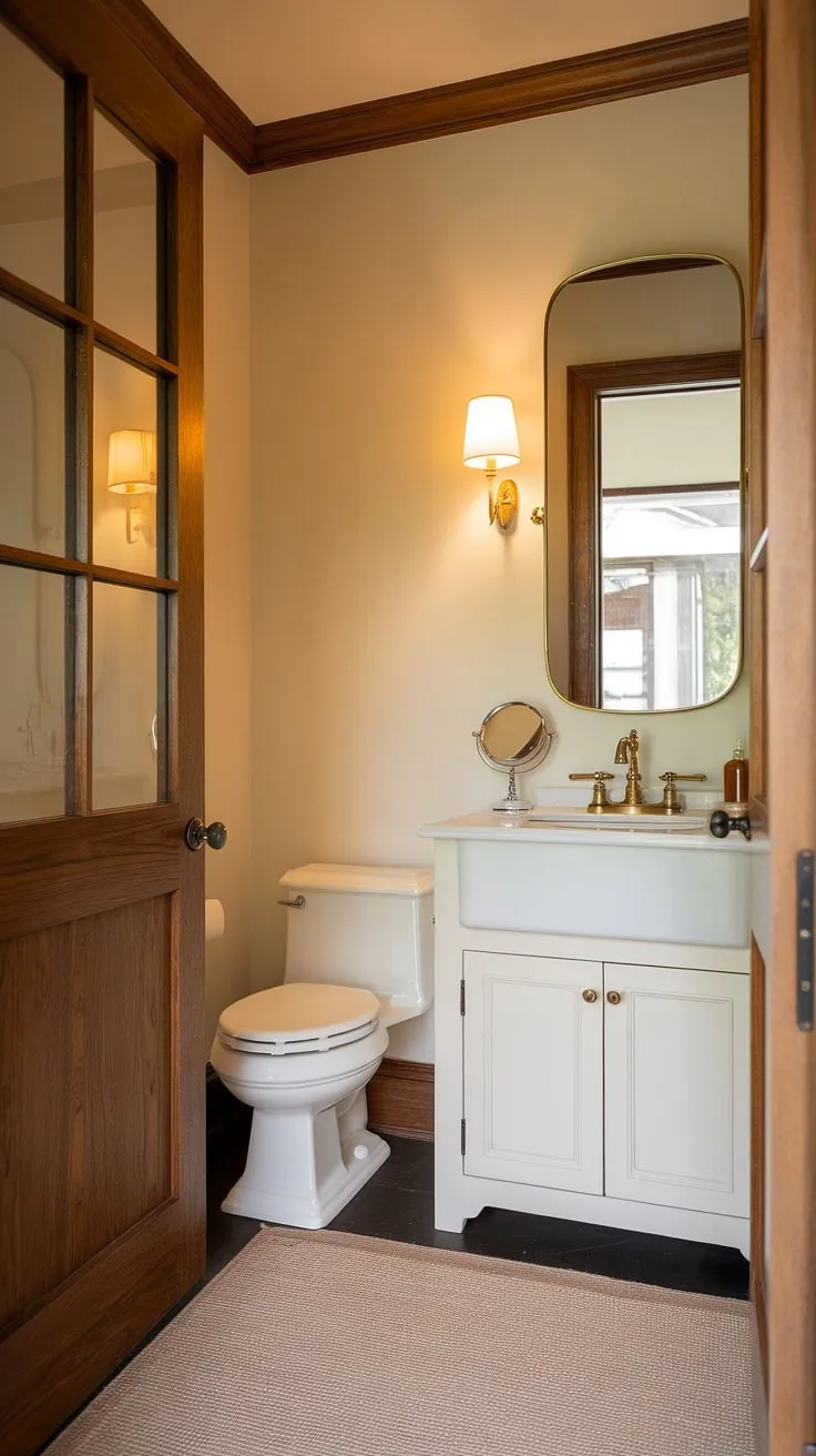 Maximize your small space with this charming small powder room design. This small bathroom, complete with a downstairs toilet, showcases how a little goes a long way. The white sink and cabinet, brass faucet, and strategically placed mirror create a bright and airy feel, perfect for small downstairs toilet and small powder room ideas. The simple wc decoration adds a touch of elegance.