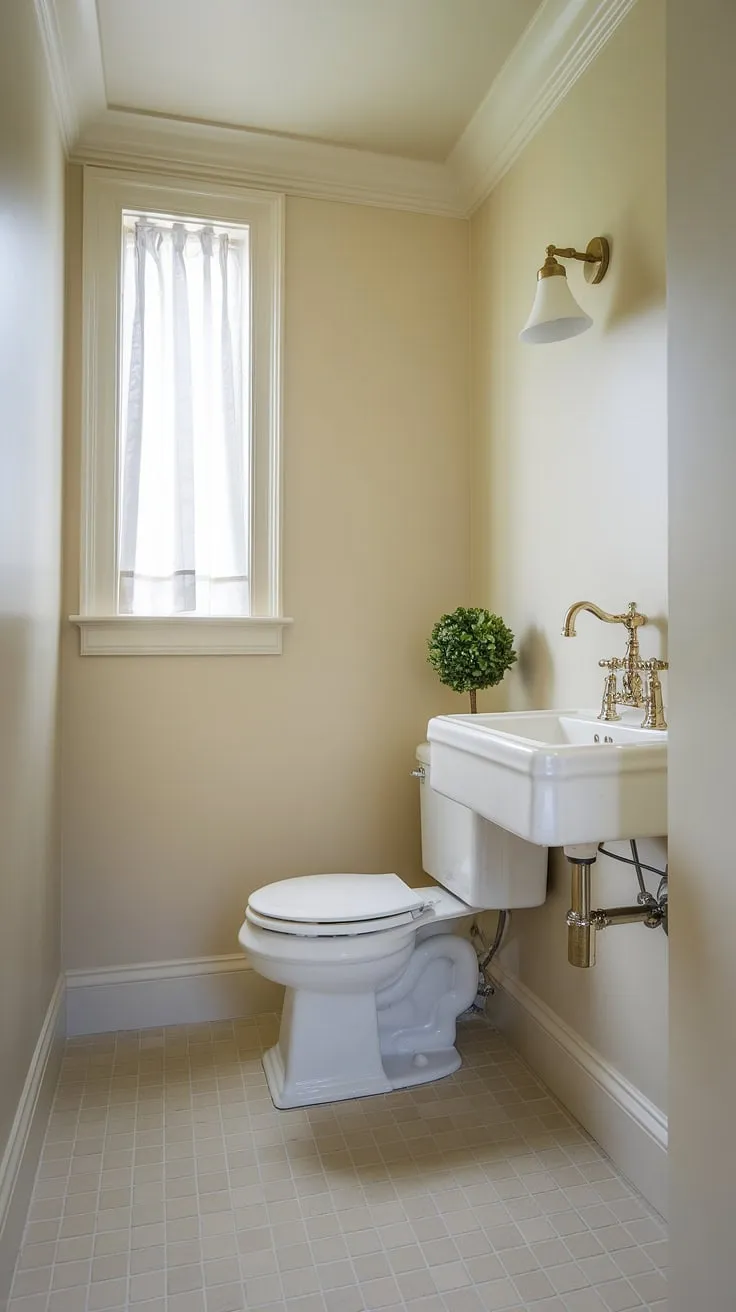 Maximize charm in your small downstairs toilet with this small powder bathroom ideas inspiration. This tiny powder room, a functional small half bathroom, features a white toilet and sink with brass accents, complemented by a potted plant and a sheer window curtain. The beige walls and tiled floor create a welcoming space, demonstrating that even a small downstairs toilet can be beautifully decorated.
