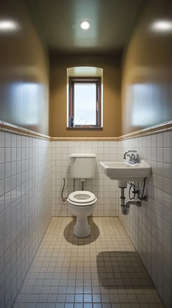 This small downstairs toilet, a perfectly functional powder room, proves that even a small half bathroom can be stylish. The simple white sink and toilet, combined with the beige and white tiled floor and subtle border, create a clean and inviting space. Great small powder room ideas for maximizing a small powder bathroom's potential. This wc decoration showcases how efficient design can transform a small downstairs toilet into a charming addition to any home.