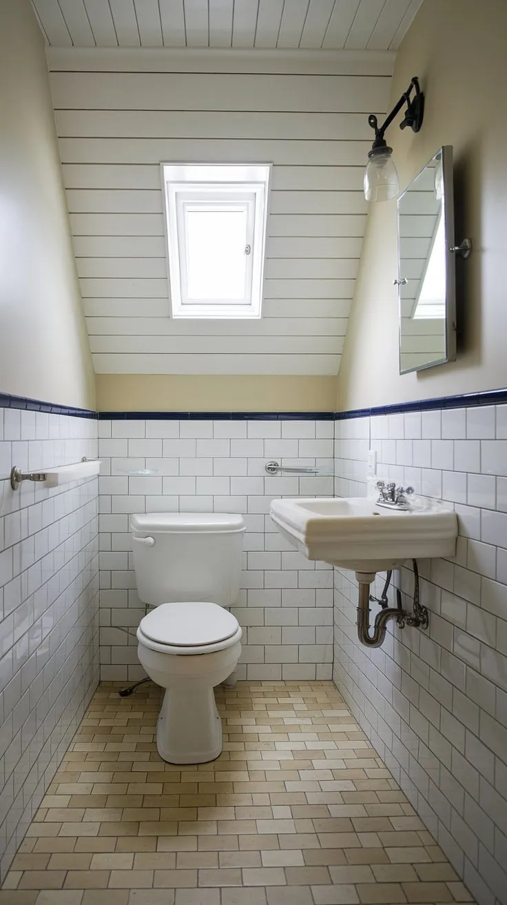 Maximize space and style in your home with this small downstairs toilet design. This small powder room showcases clever wc decoration in a compact footprint. The simple white sink and toilet are complemented by the patterned floor tiles, making it a perfect example of small powder bathroom ideas for a small half bathroom. The addition of a small window brightens this functional downstairs toilet.