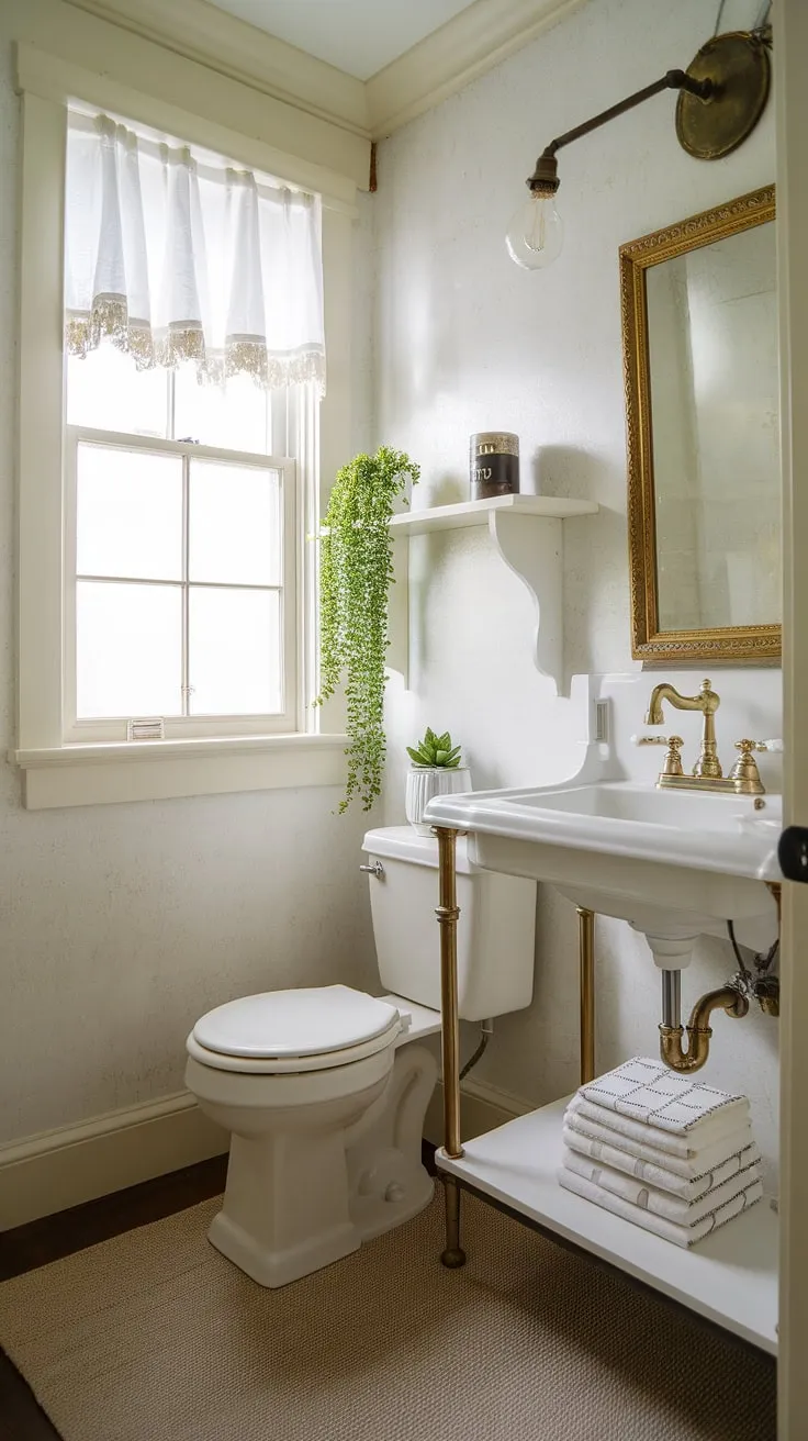 Maximize space and style in your small downstairs toilet with this powder room design. This small bathroom, a perfect example of small powder bathroom ideas, features a white-on-white palette brightened by a leafy green plant and gold accents. The vintage light fixture and simple wc decoration add character to this small half bathroom, proving that even a small powder room can be luxurious.