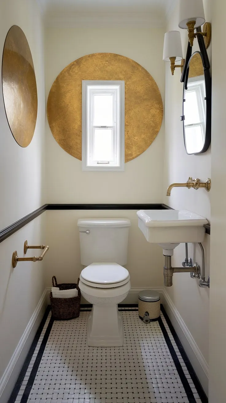 Maximize style in a minimal space with this small powder room design. The downstairs toilet is tucked neatly into this small bathroom, showcasing clever small powder room ideas. Brass accents, a simple mirror, and a textured gold circle create a sophisticated atmosphere, while the black and white checkered floor adds a touch of personality. This small half bathroom is a masterclass in wc decoration for even the smallest of spaces.