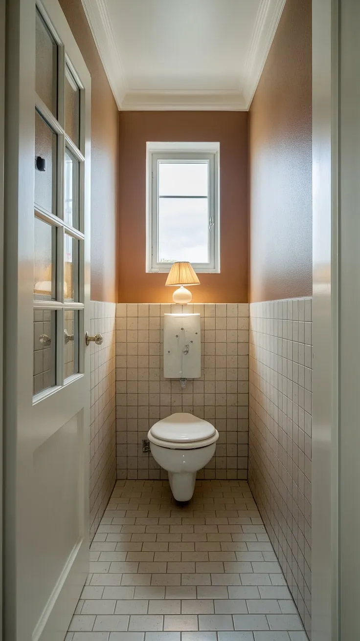 Elegant and efficient, this small powder room showcases how to create a luxurious feel in a small downstairs toilet. The neutral beige tones and simple design make this small half bathroom feel larger than it is. This is a prime example of small powder bathroom ideas, demonstrating that even a compact space can be beautifully decorated. The subtle lighting and thoughtful wc decoration complete the look.