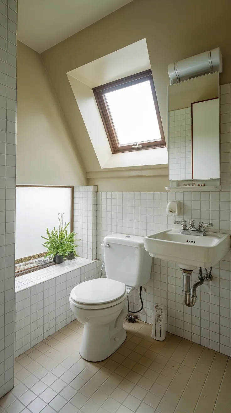 Maximize space and style in your small powder room with this compact downstairs toilet design. This small half bathroom showcases how clever design can transform a small downstairs toilet into a charming and efficient small powder bathroom. The high window and simple wc decoration create an airy feel, making it a perfect example of small downstairs toilet ideas.