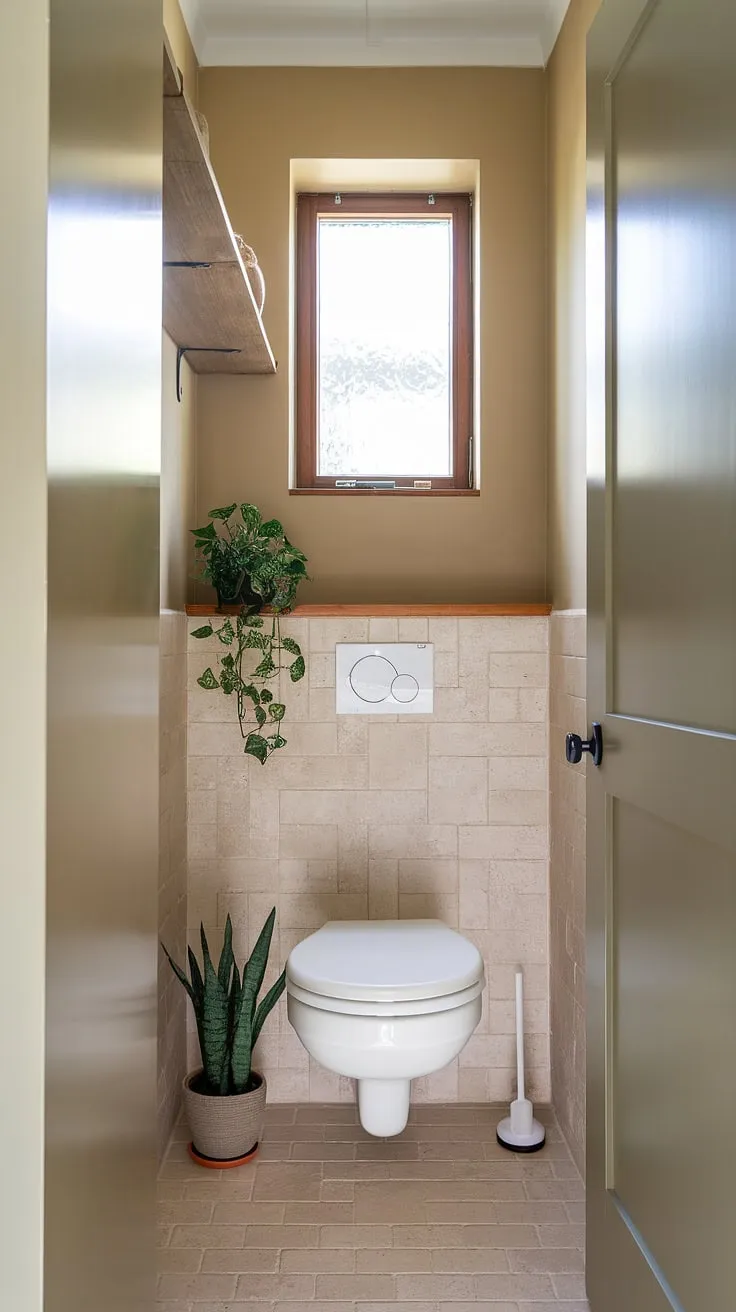 Efficient and elegant, this small powder room boasts a downstairs toilet tucked neatly into a small bathroom. Beige walls and tiled floors create a cohesive look, while the small window lets in natural light. Simple storage solutions, like the wooden shelf above the toilet, are key to maximizing space in this small half bathroom. This is a great example of small downstairs toilet design and offers inspiration for small powder room ideas and wc decoration in limited spaces.
