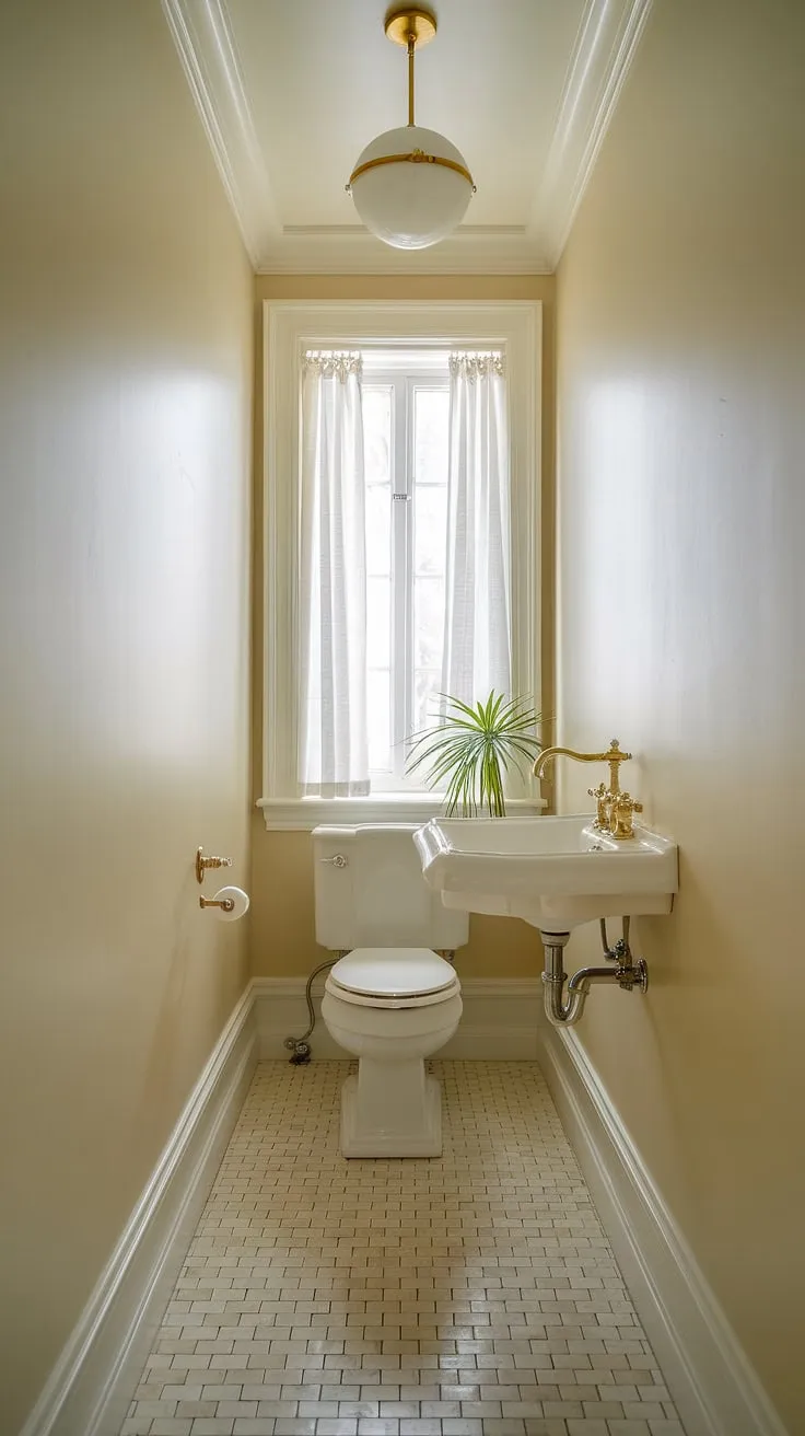 Maximize charm in your small downstairs toilet. This small powder bathroom, with its golden accents and checkered floor, offers inspiration for small half bathroom design.