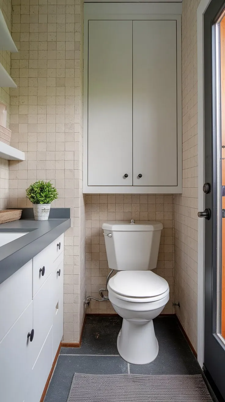 This small powder room boasts efficient design with a downstairs toilet, proving that even a small half bathroom can be stylish. The gray countertop and white cabinetry, accented by a small potted plant, offer a touch of elegance, while the gray rug complements the beige tile walls. Perfect small downstairs toilet and small powder bathroom ideas for maximizing space.