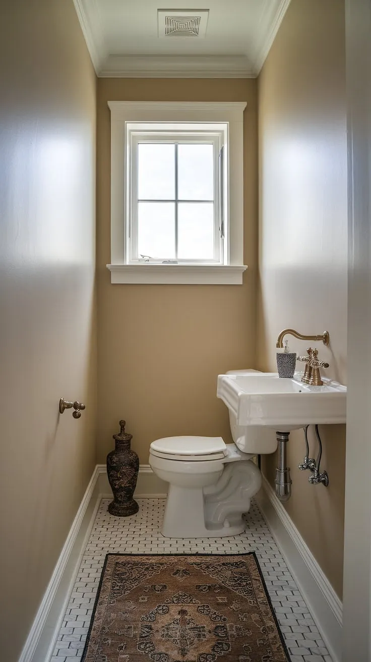 This small downstairs toilet, a perfectly functional powder room, proves that even a small half bathroom can be stylish. The beige walls and bronze accents create a warm and inviting atmosphere, while the small area rug adds a touch of personality. This is a great example of small powder room ideas and wc decoration for a small downstairs toilet.