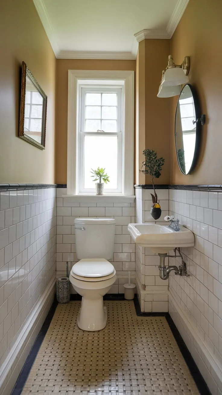 Maximize space and style in your small downstairs toilet with this compact powder room design. This small powder bathroom showcases how a little attention to detail can transform a small half bathroom. The neutral color palette and simple wc decoration create a serene atmosphere, while the window and plant add a touch of nature. Perfect inspiration for small downstairs toilet ideas.