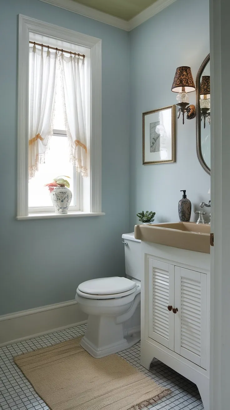 Maximize space and style in your small downstairs toilet. This small powder bathroom, with its light and airy design, offers inspiration for small half bathroom renovations. Clever wc decoration transforms this tiny space into a delightful powder room.