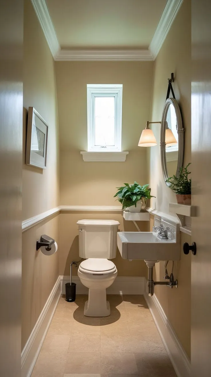 Maximize charm, minimize space. This small downstairs toilet, a delightful small powder bathroom, showcases how a small bathroom can be both functional and beautiful. Clever design for small downstairs toilet ideas.