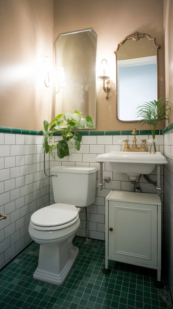 This small bathroom, a delightful small powder room, offers a surprising amount of style. The wc decoration is simple yet elegant, with a white toilet and sink, brass accents, and a vintage mirror. The green and white checkered floor adds a touch of personality to this functional small half bathroom, ideal as a downstairs toilet. This small powder room proves that even the smallest spaces can be stylish and efficient, offering great small powder room ideas.