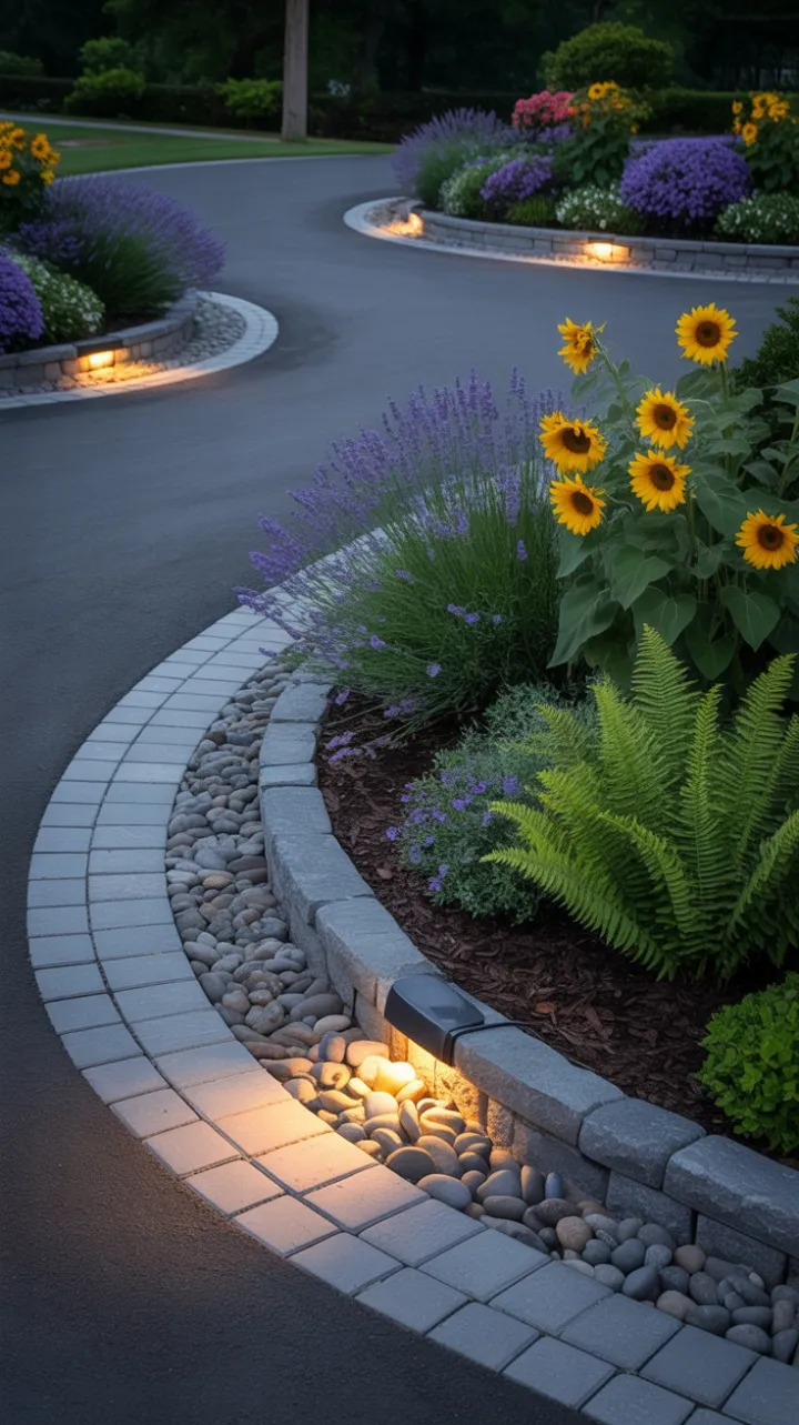 Sunlit Winding Driveway Framed by Lavender, Sunflowers and River Stones