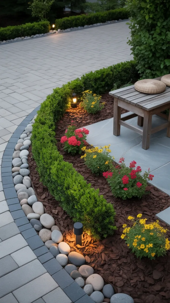 Inviting Stone Driveway Framed by Boxwood, River Rocks, and a Rustic Bench