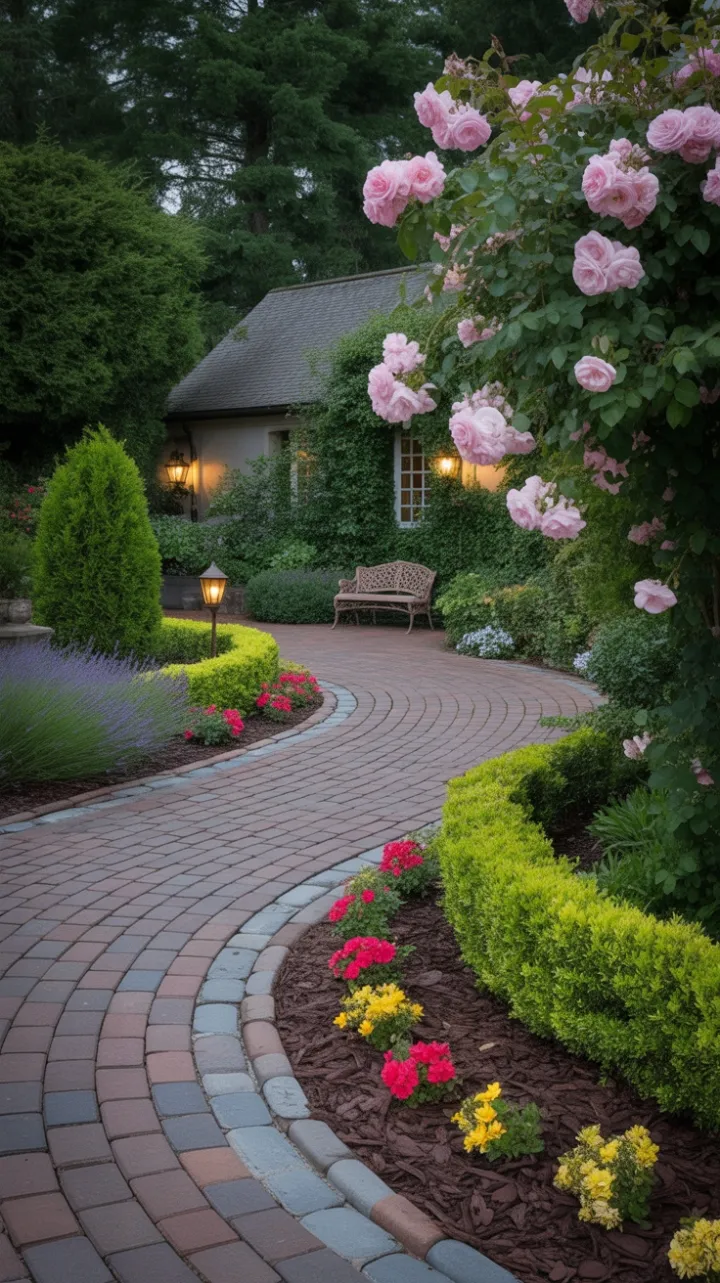 Twilight Stroll Down the Rose-Lined Brick Driveway