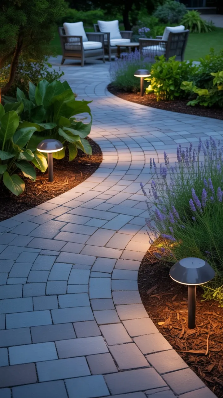 Lavender-Lined Slate Pathway Leading to a Cozy Flagstone Retreat