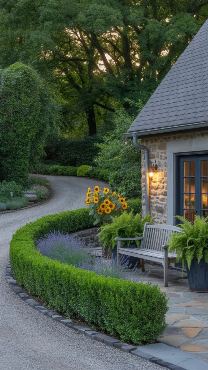 Sunlit Winding Driveway to a Stone Cottage Framed by Lavender and Sunflowers