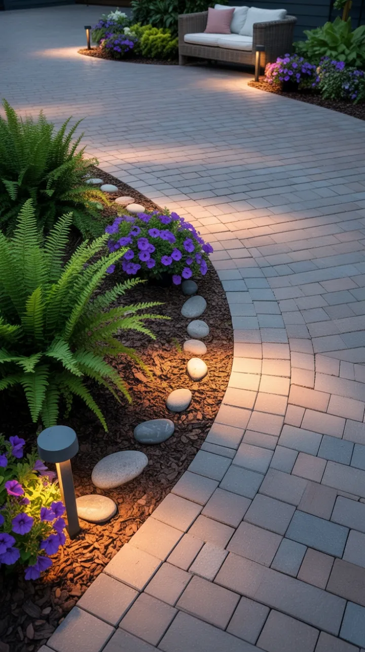 Winding Grey Paver Path to a Serene Fern and Petunia Retreat